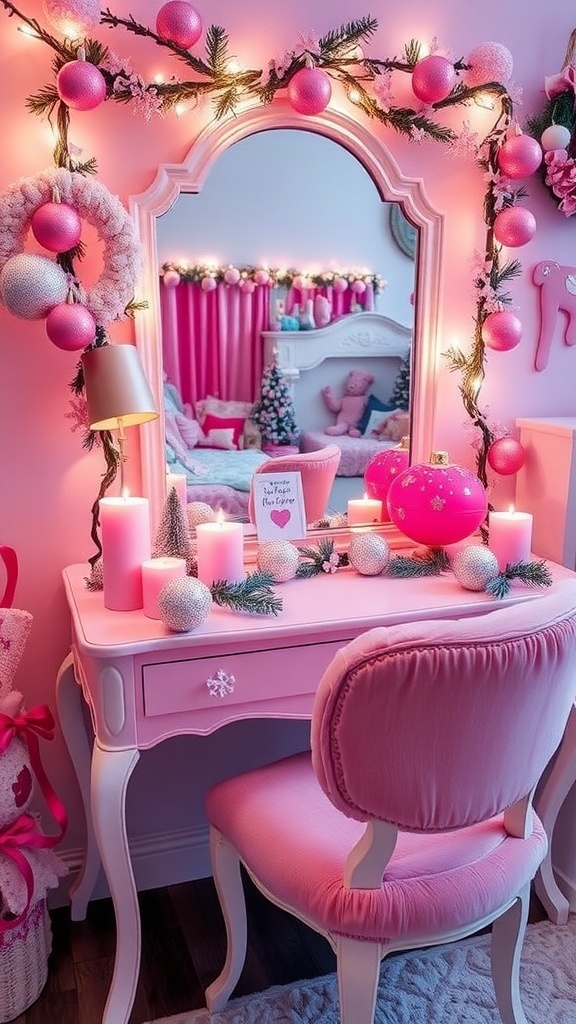 Pink Christmas Vanity Decoration Ideas A pink Christmas vanity decorated with ornaments, lights, and candles.